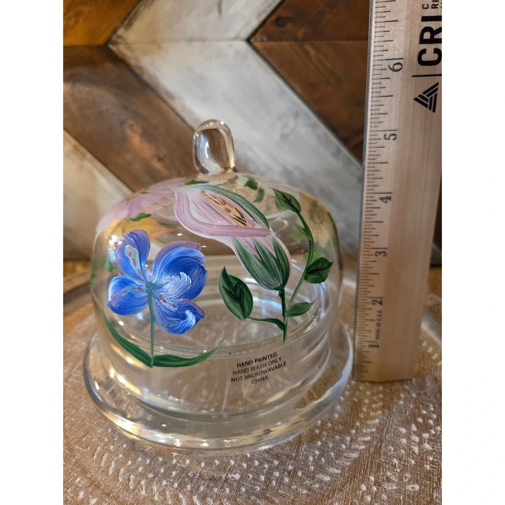 Hand Painted Floral Glass Butter Dish Domed Cloche Lid Clear 2 Piece Set Cottage